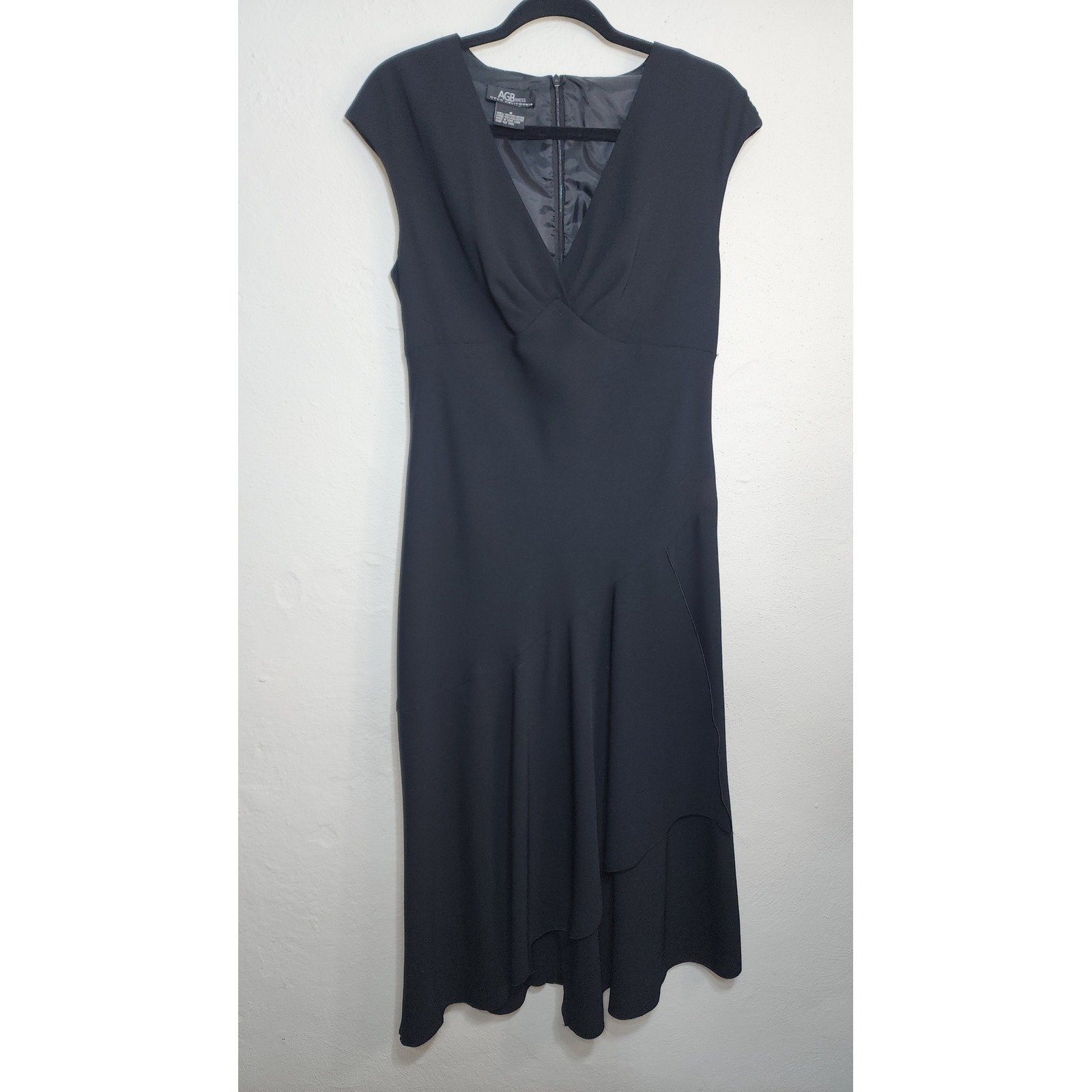 Agb Dress Byer California Midi Dress 8 Black Polyester 90s Surplice Ruffle Hem